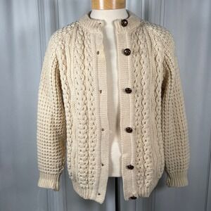 Vintage‎ Clady Knits Irish Aran Cardigan 100% Wool Cream Cable Knit Size 40